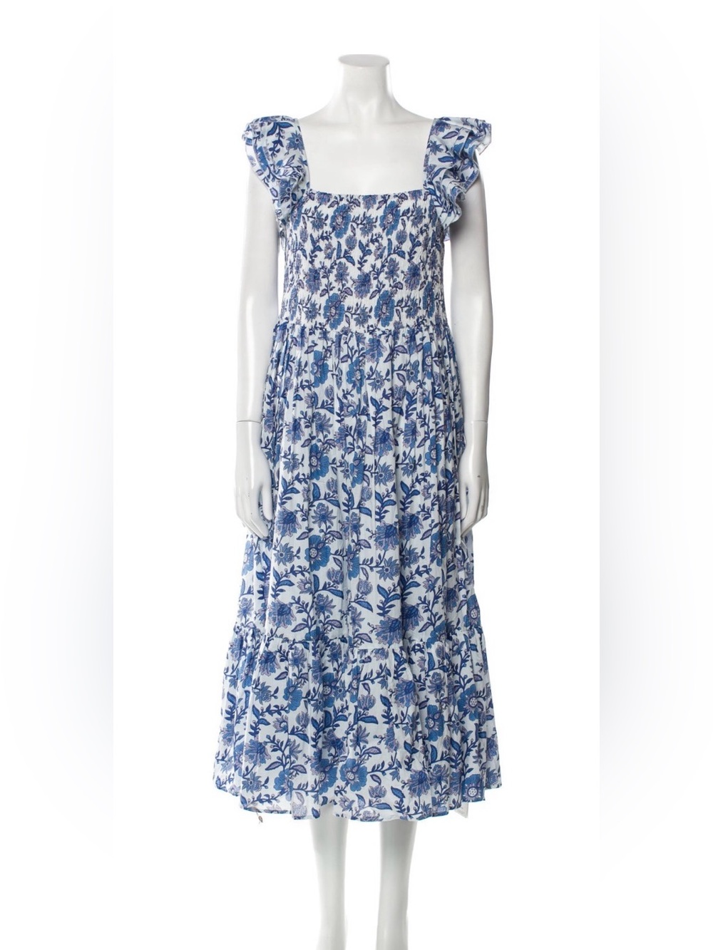 Blue Floral Smocked Midi Dress with Ruffle Straps